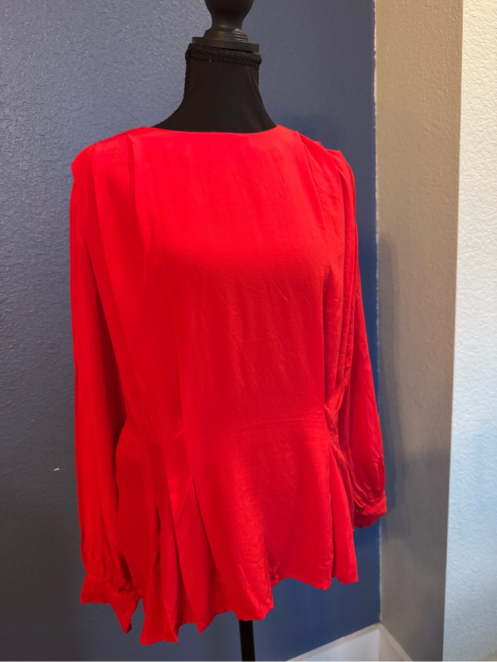 Women’s 100% Silk Vintage Red Long-Sleeve Blouse Buttons Up the Back